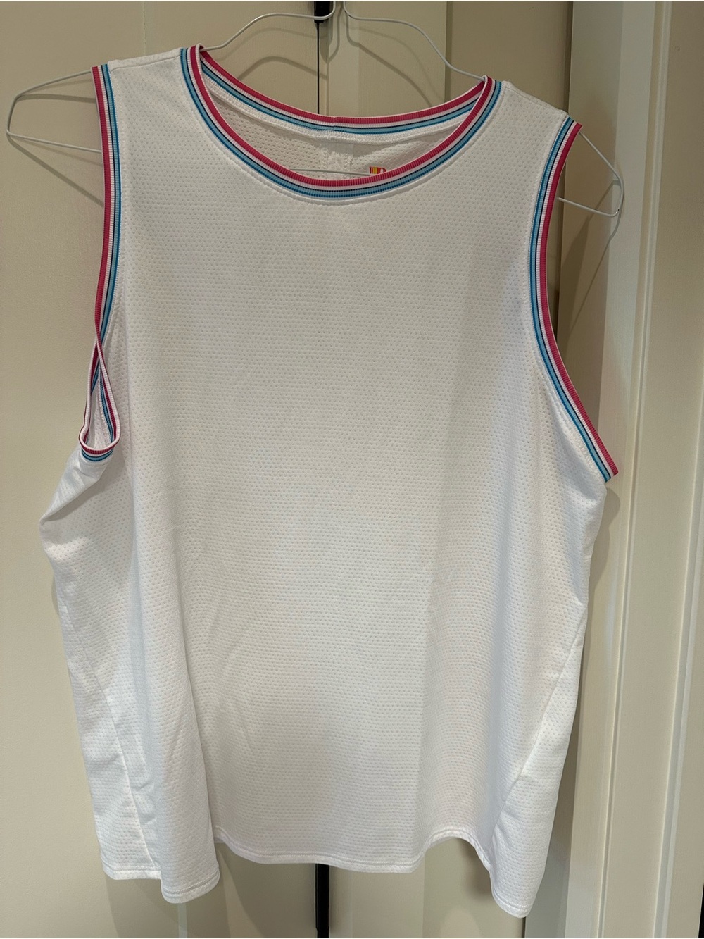 Rewind by Lucky in Love white Sleeveless Mesh Tank with Trim and Back Cutouts